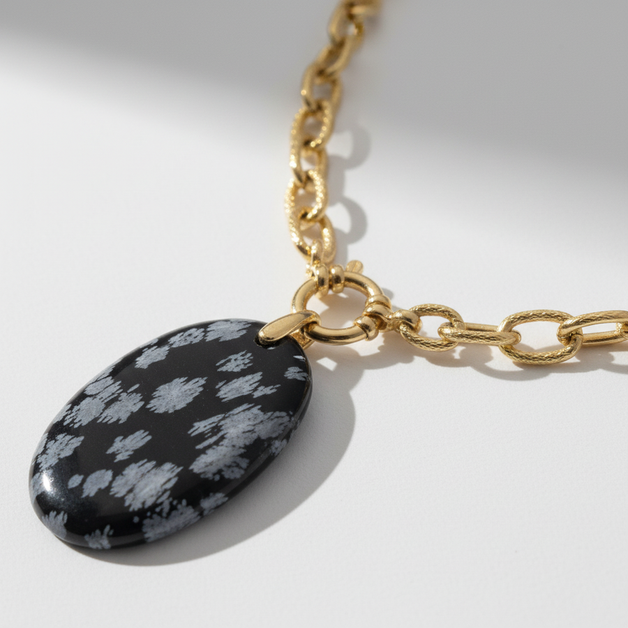 Collier cordage doré & Obsidienne flocon de neige