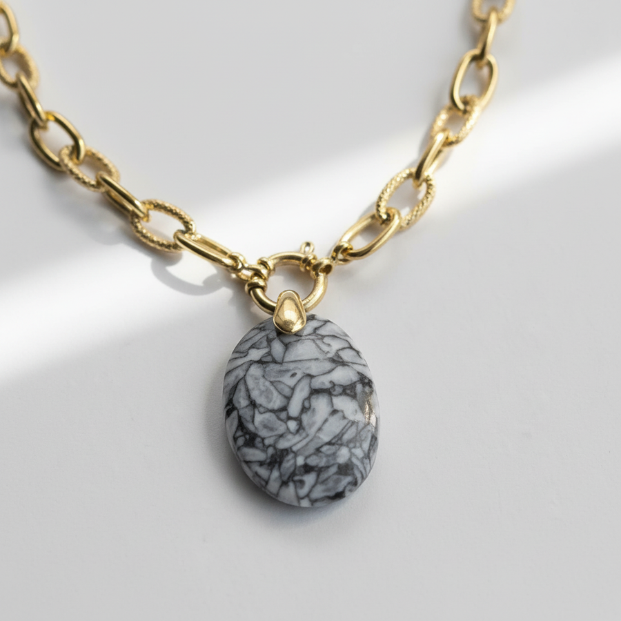Collier strié doré & Pinolite